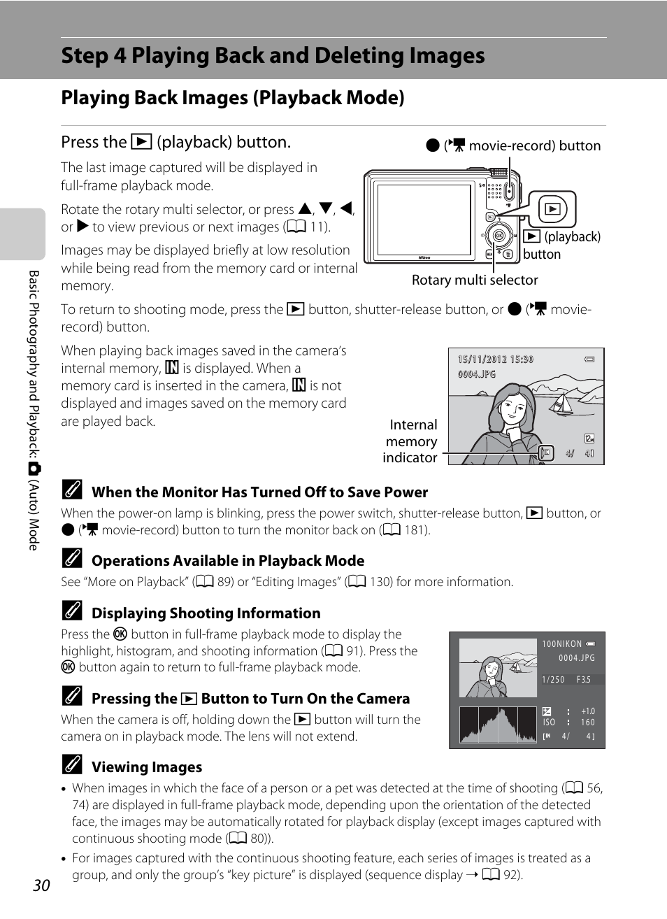 Step 4 playing back and deleting images, Playing back images (playback mode), Ck mode | A 30), Press the c (playback) button | Nikon S9050 User Manual | Page 42 / 232