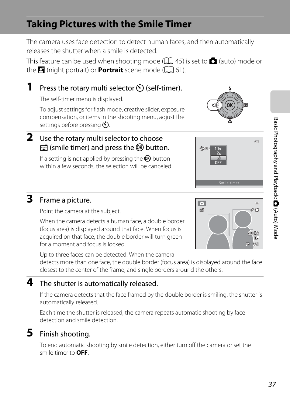 Taking pictures with the smile timer, A 37) | Nikon S9050 User Manual | Page 49 / 232