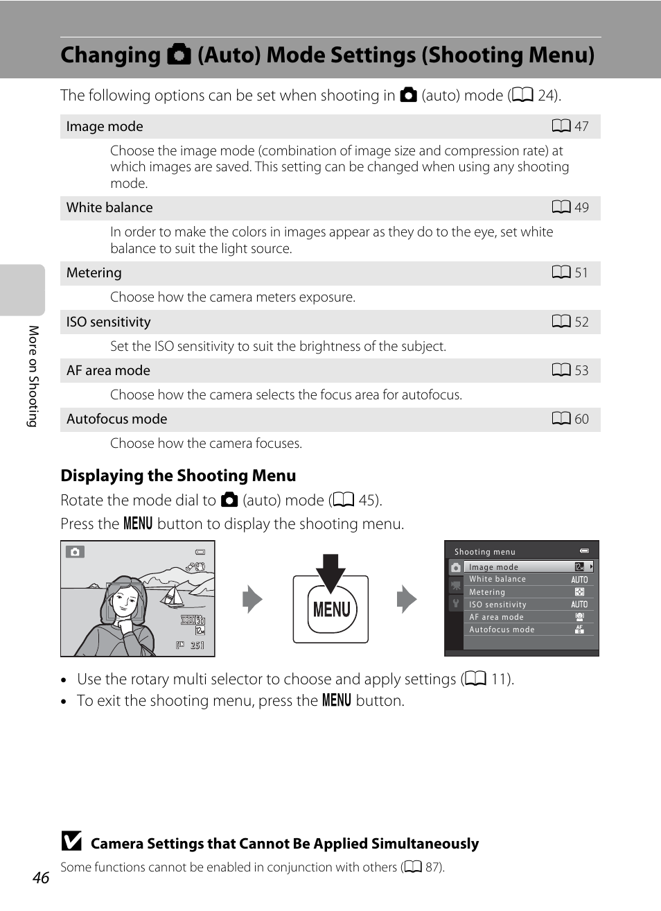 Changing auto mode settings (shooting menu), Changing a (auto) mode settings (shooting menu), A 46 | A 46), Displaying the shooting menu | Nikon S9050 User Manual | Page 58 / 232