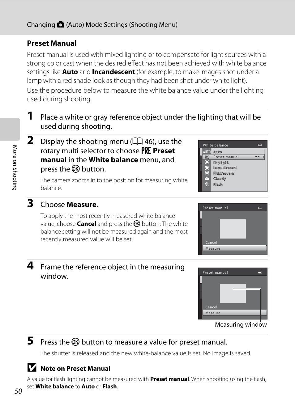 Preset manual, A 50), Choose measure | Frame the reference object in the measuring window | Nikon S9050 User Manual | Page 62 / 232