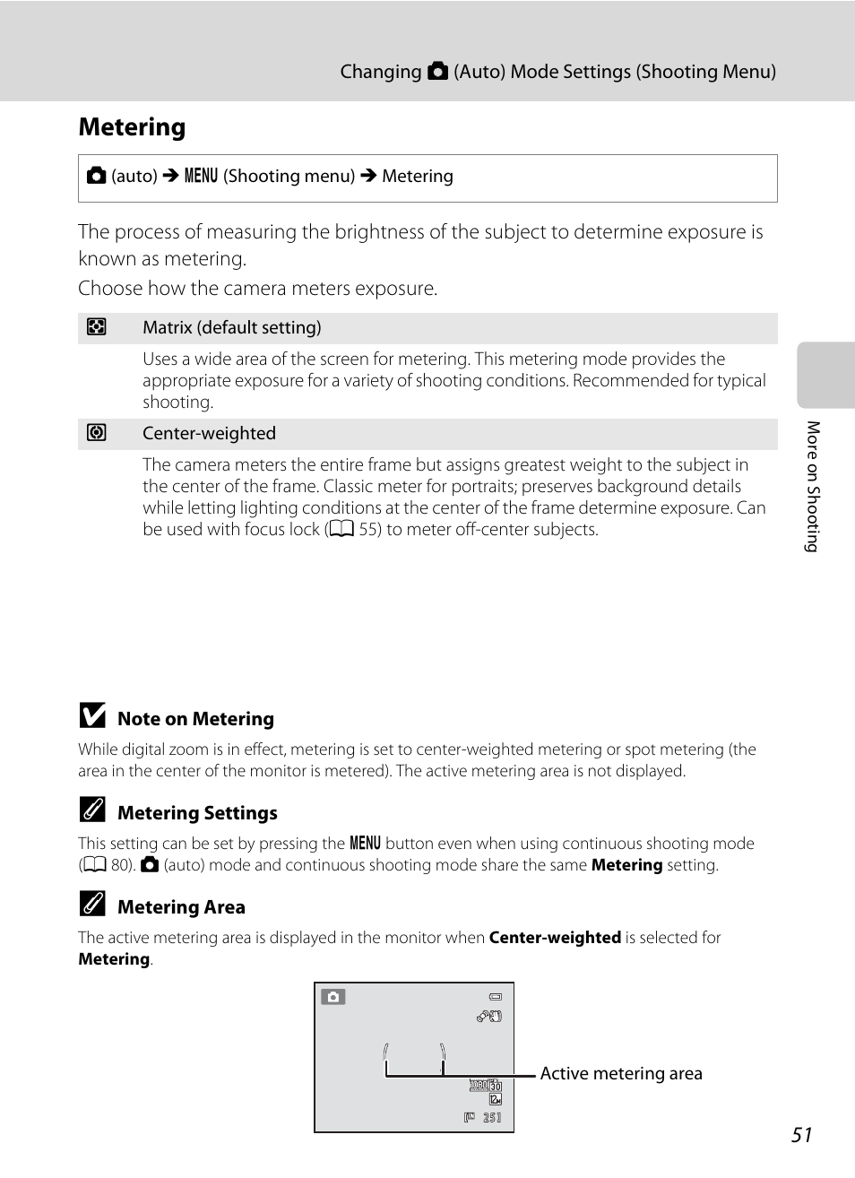 Metering, A 51 | Nikon S9050 User Manual | Page 63 / 232