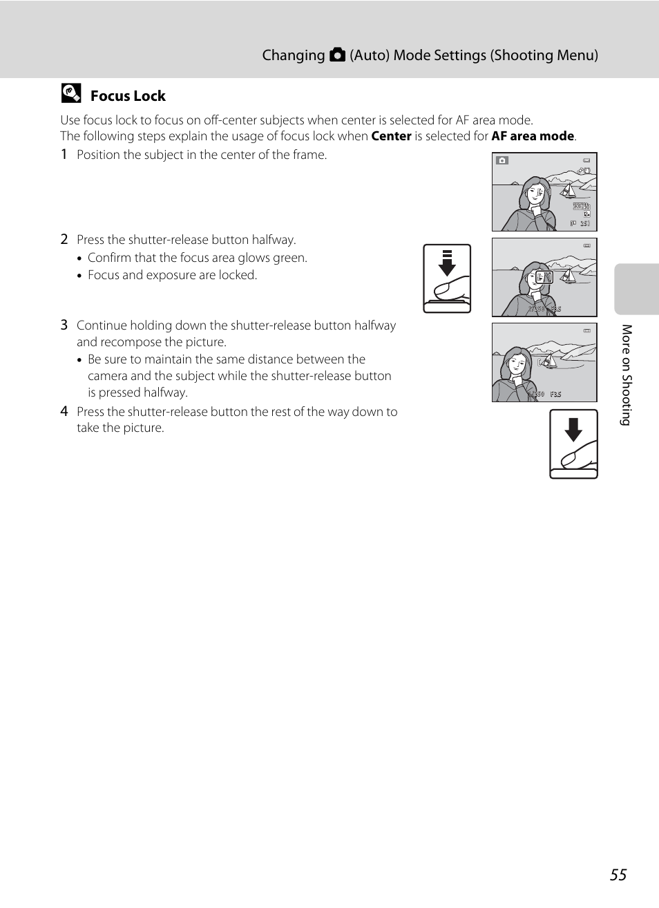 A 55, Changing a (auto) mode settings (shooting menu), Focus lock | Nikon S9050 User Manual | Page 67 / 232
