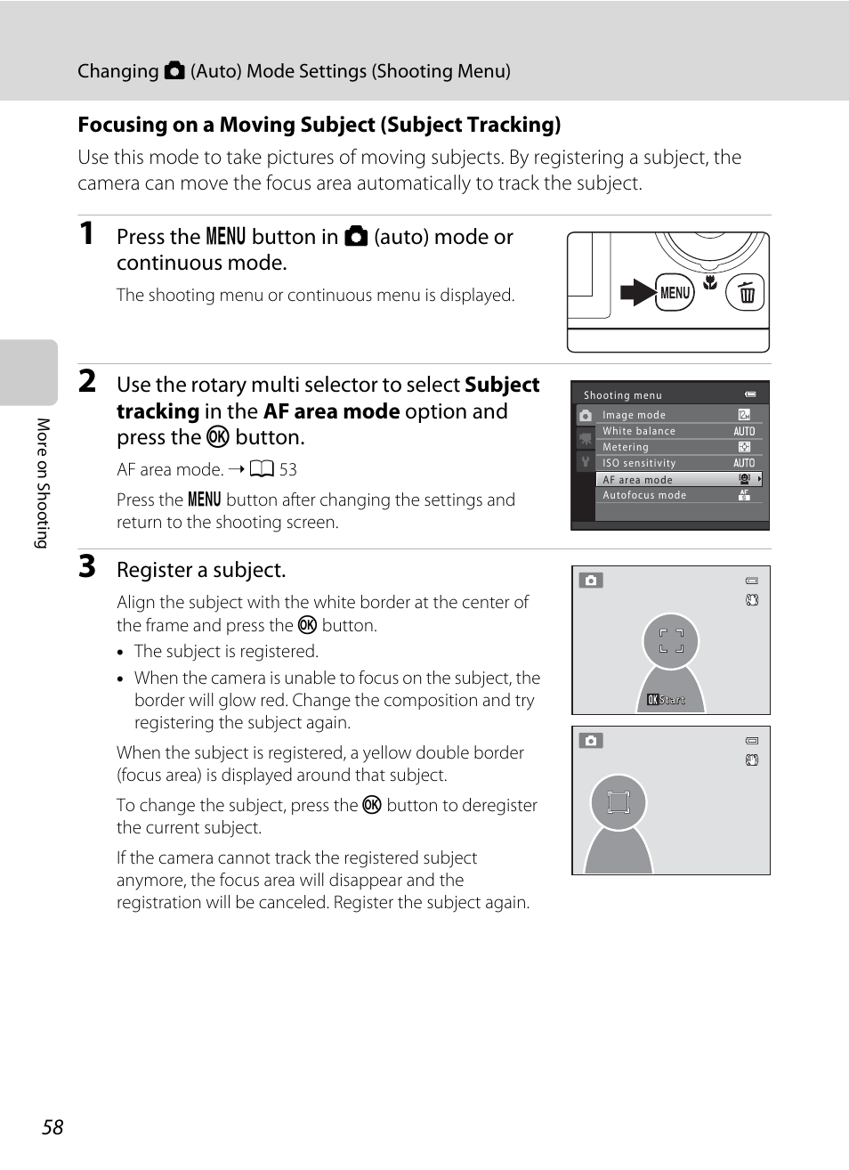 Focusing on a moving subject (subject, Tracking), A 58) | Focusing on a moving subject (subject tracking), Register a subject | Nikon S9050 User Manual | Page 70 / 232