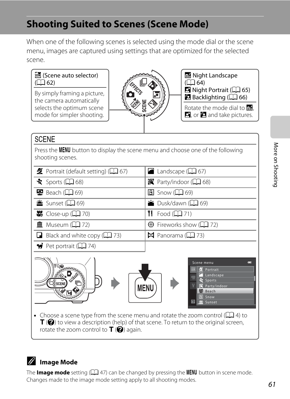 Shooting suited to scenes (scene mode), A 61) | Nikon S9050 User Manual | Page 73 / 232