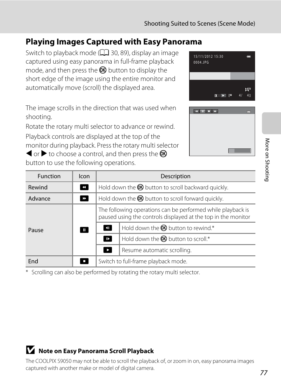 Playing images captured with easy panorama, A 77) | Nikon S9050 User Manual | Page 89 / 232