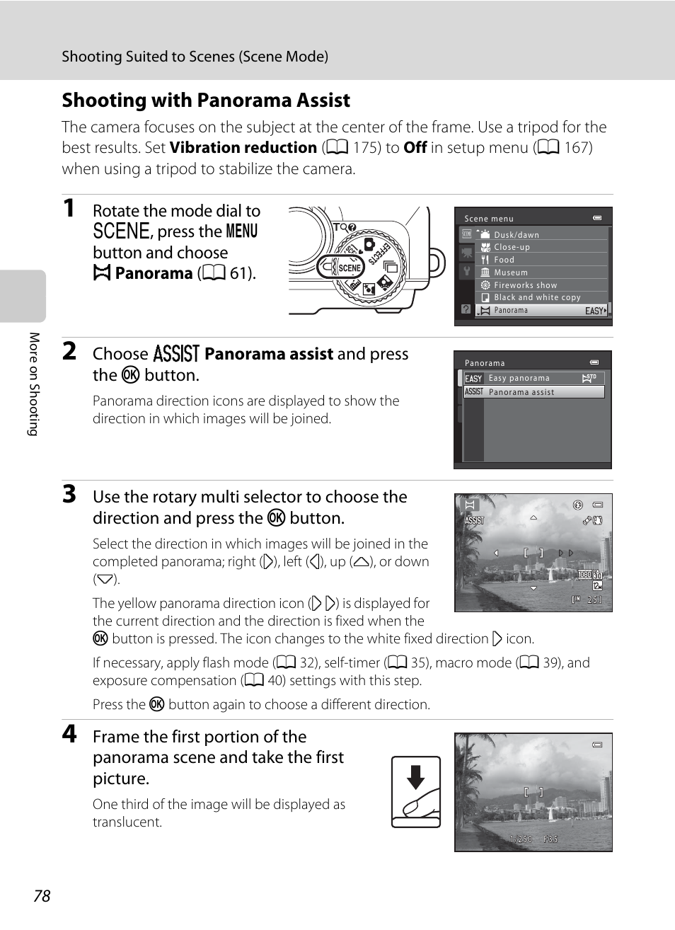 Shooting with panorama assist, Shooting with panorama assist” (a 78, Choose u panorama assist and press the k button | Button | Nikon S9050 User Manual | Page 90 / 232