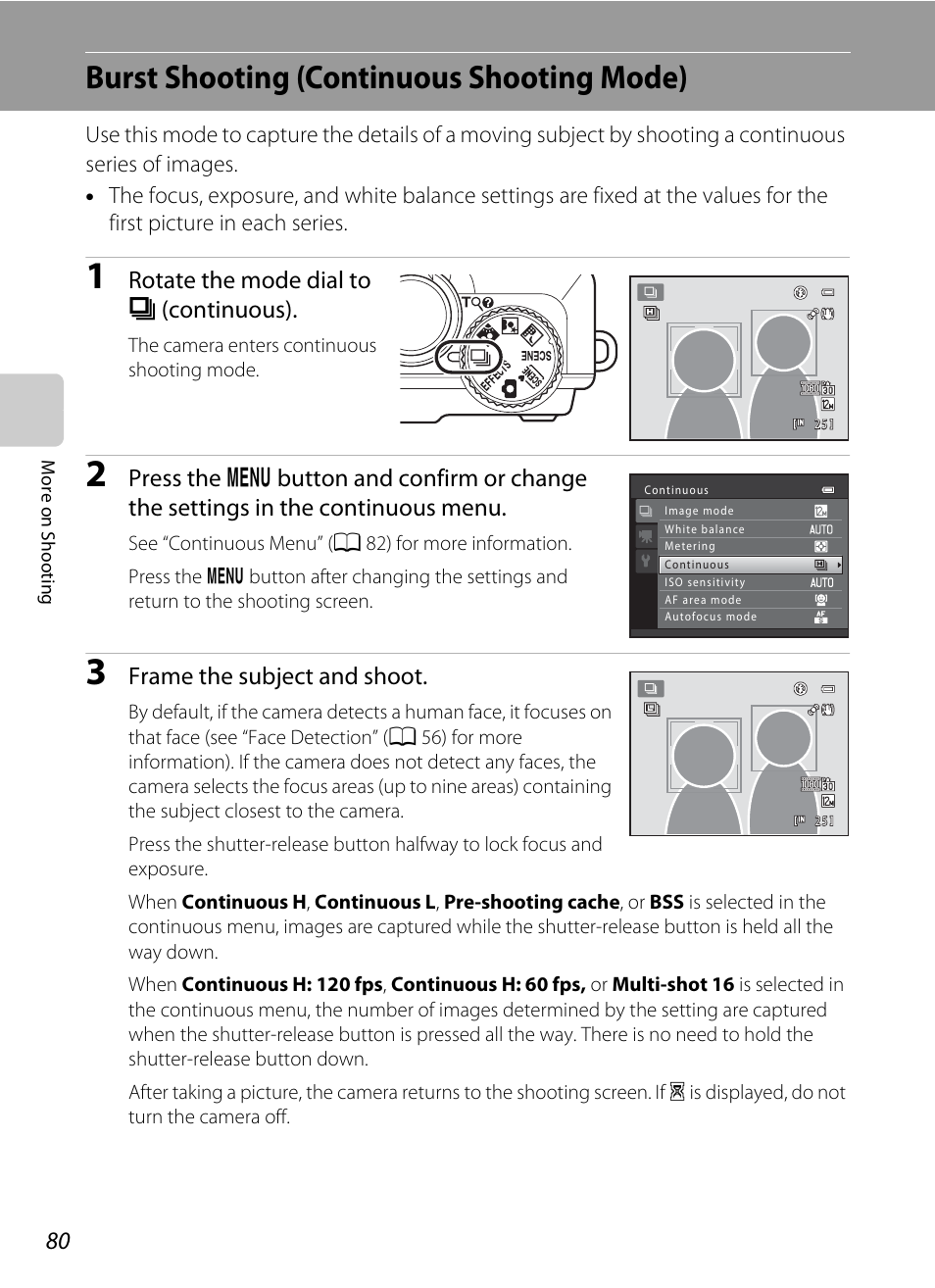 Burst shooting (continuous shooting mode), A 80)), A 80) | A 80, Mode, Rotate the mode dial to c (continuous), Frame the subject and shoot | Nikon S9050 User Manual | Page 92 / 232