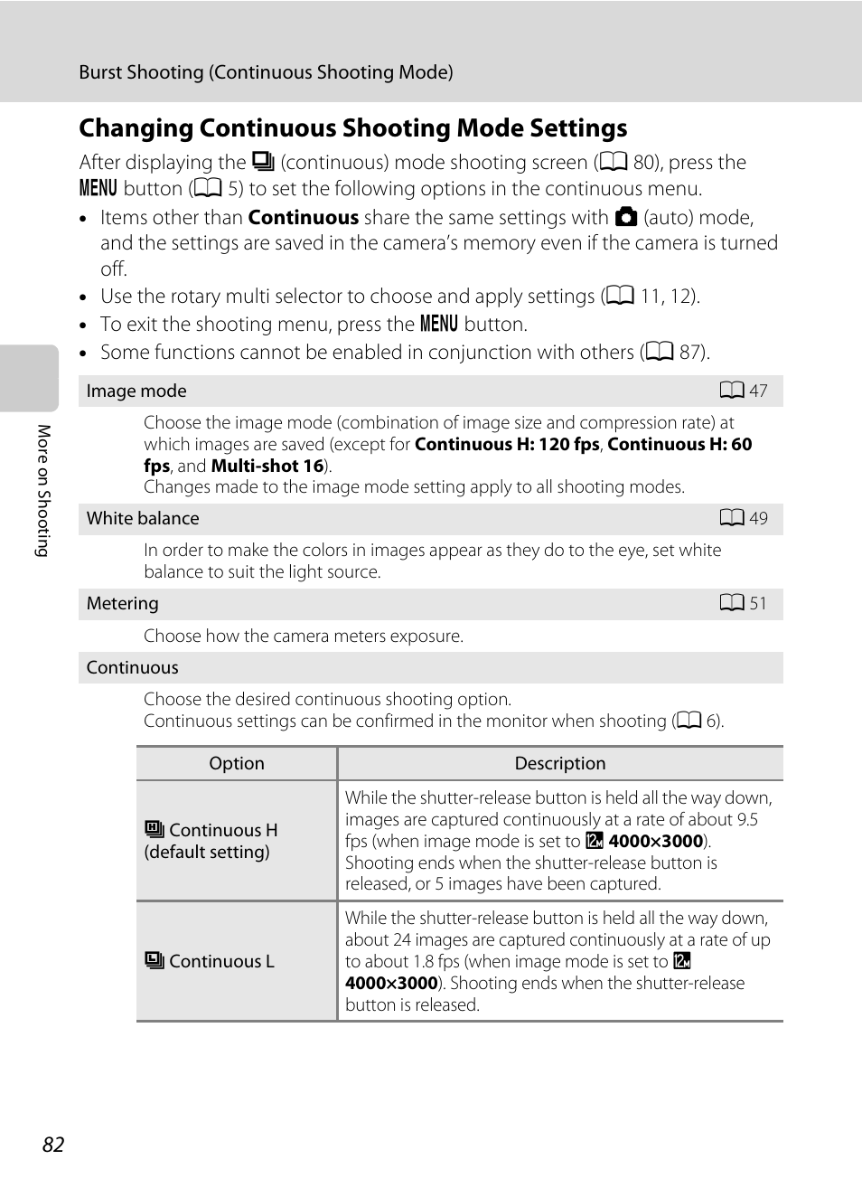 Changing continuous shooting mode settings, A 82) | Nikon S9050 User Manual | Page 94 / 232