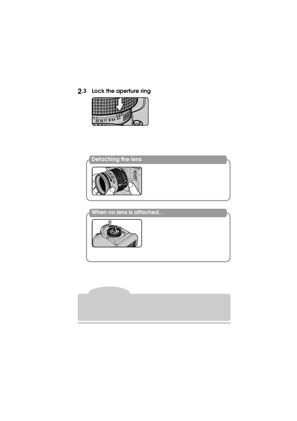 3 lock the aperture ring detaching the lens, When no lens is attached | Nikon D1 User Manual | Page 20 / 144