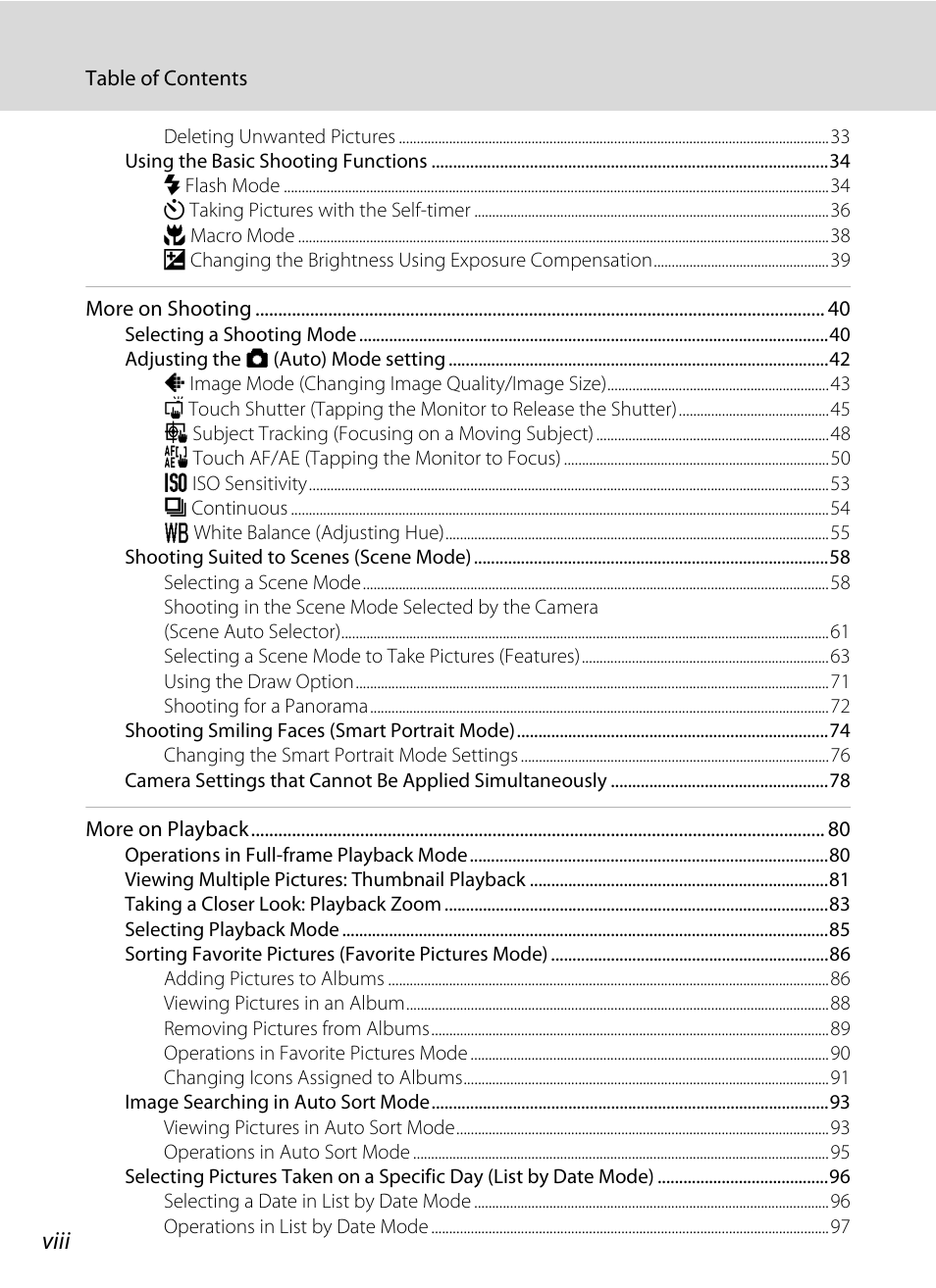 Viii | Nikon S4100 User Manual | Page 10 / 208