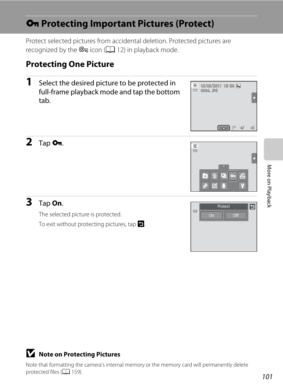 Protecting important pictures (protect), Protecting one picture, D protecting important pictures (protect) | A 101), A 101) ar, Dprotecting important pictures (protect), Tap d, Tap on | Nikon S4100 User Manual | Page 113 / 208