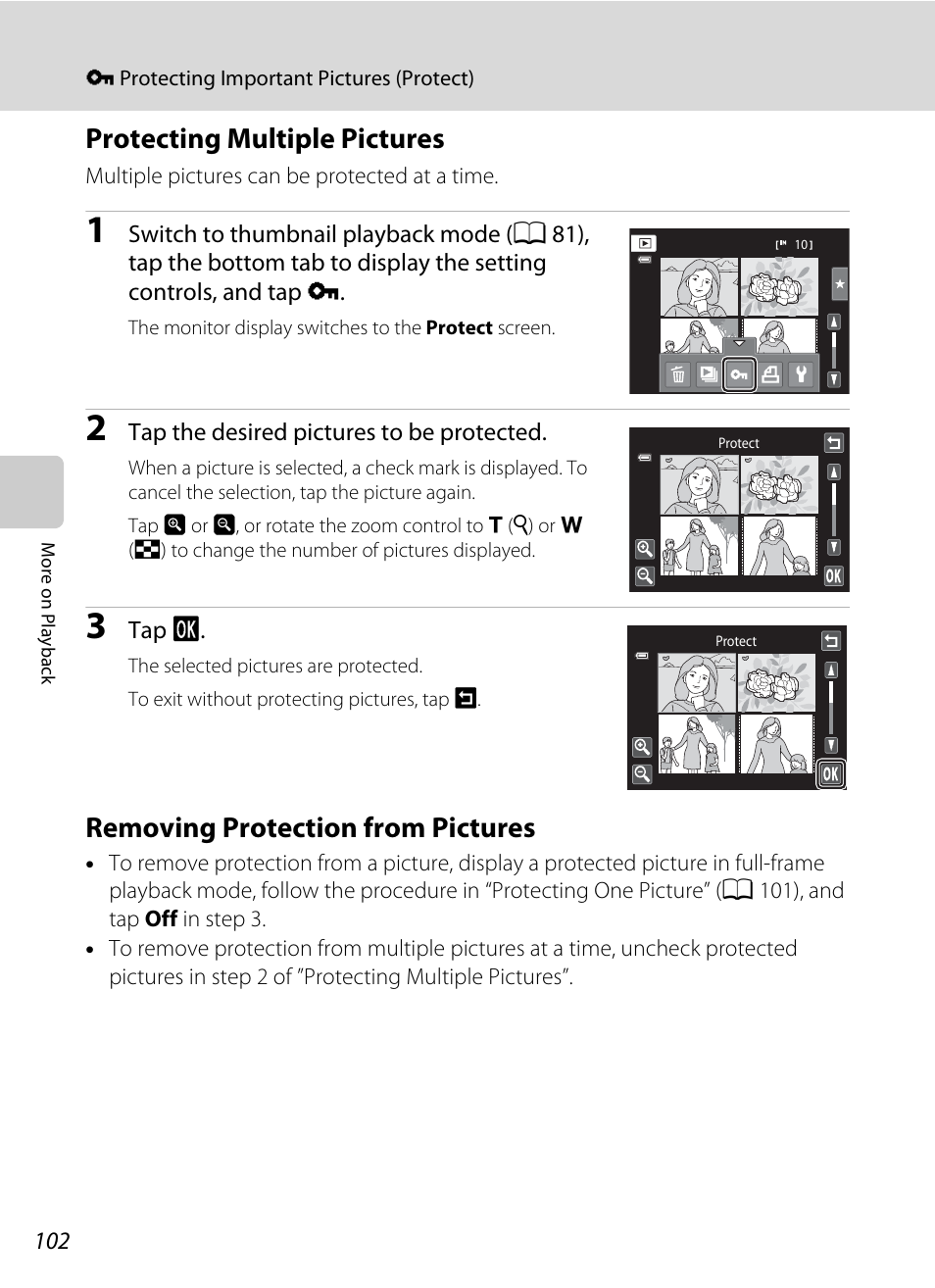 Protecting multiple pictures, Removing protection from pictures | Nikon S4100 User Manual | Page 114 / 208
