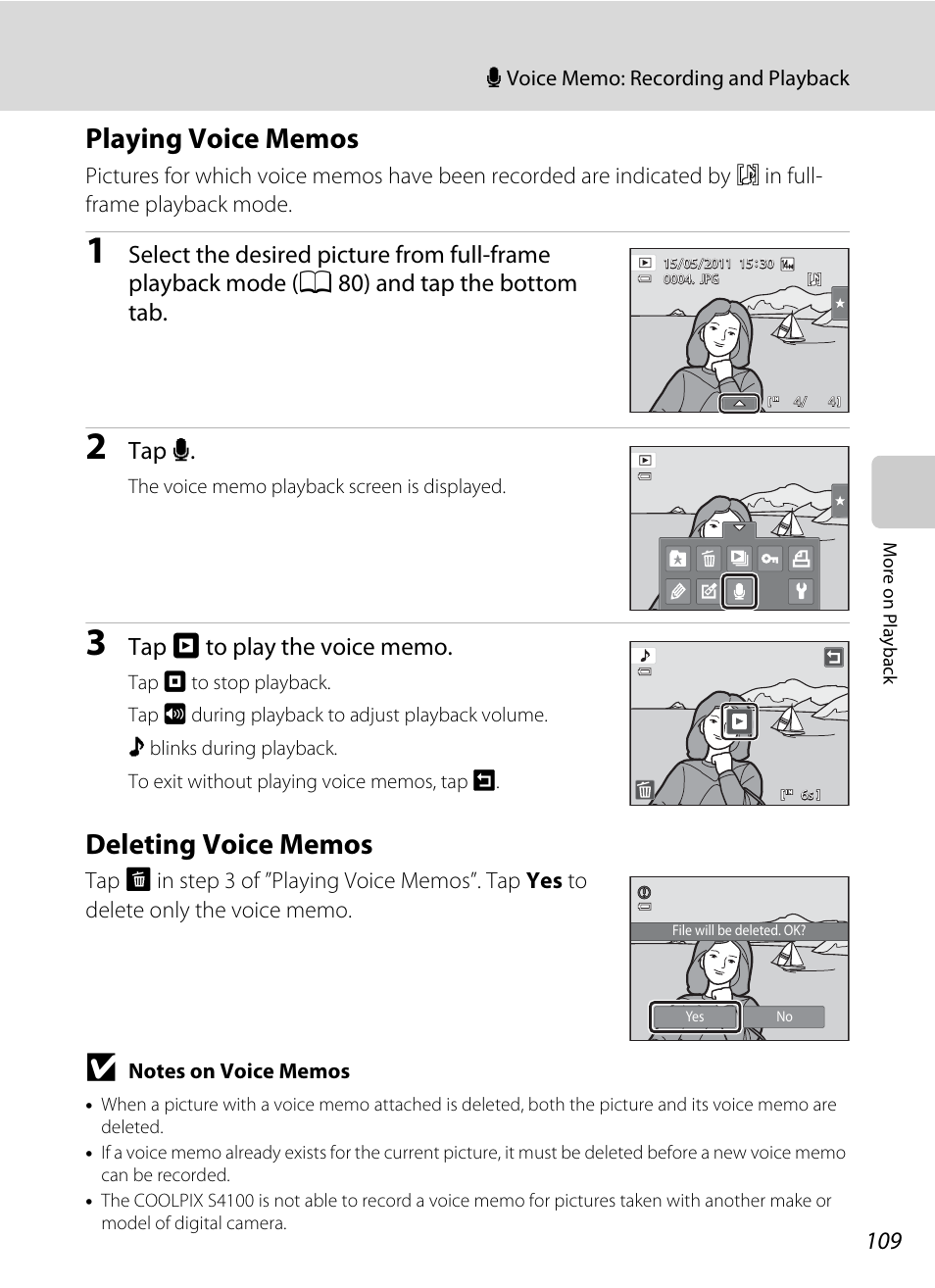 Playing voice memos, Deleting voice memos, Playing voice memos deleting voice memos | A 109) to play the voice memo, Tap e | Nikon S4100 User Manual | Page 121 / 208