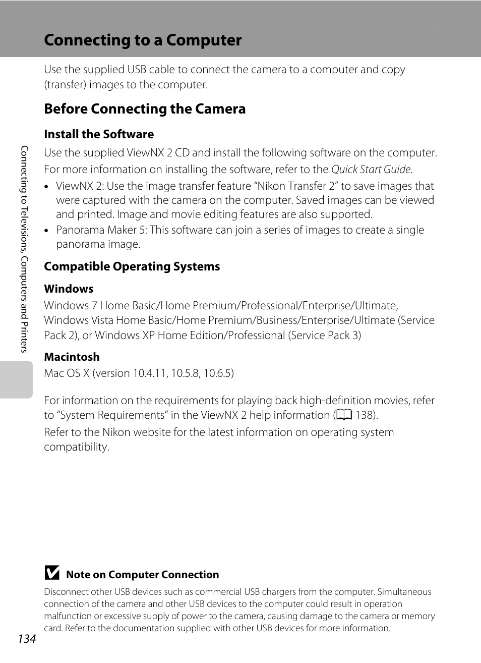 Connecting to a computer, Before connecting the camera, A 134, 161) | A 134) | Nikon S4100 User Manual | Page 146 / 208