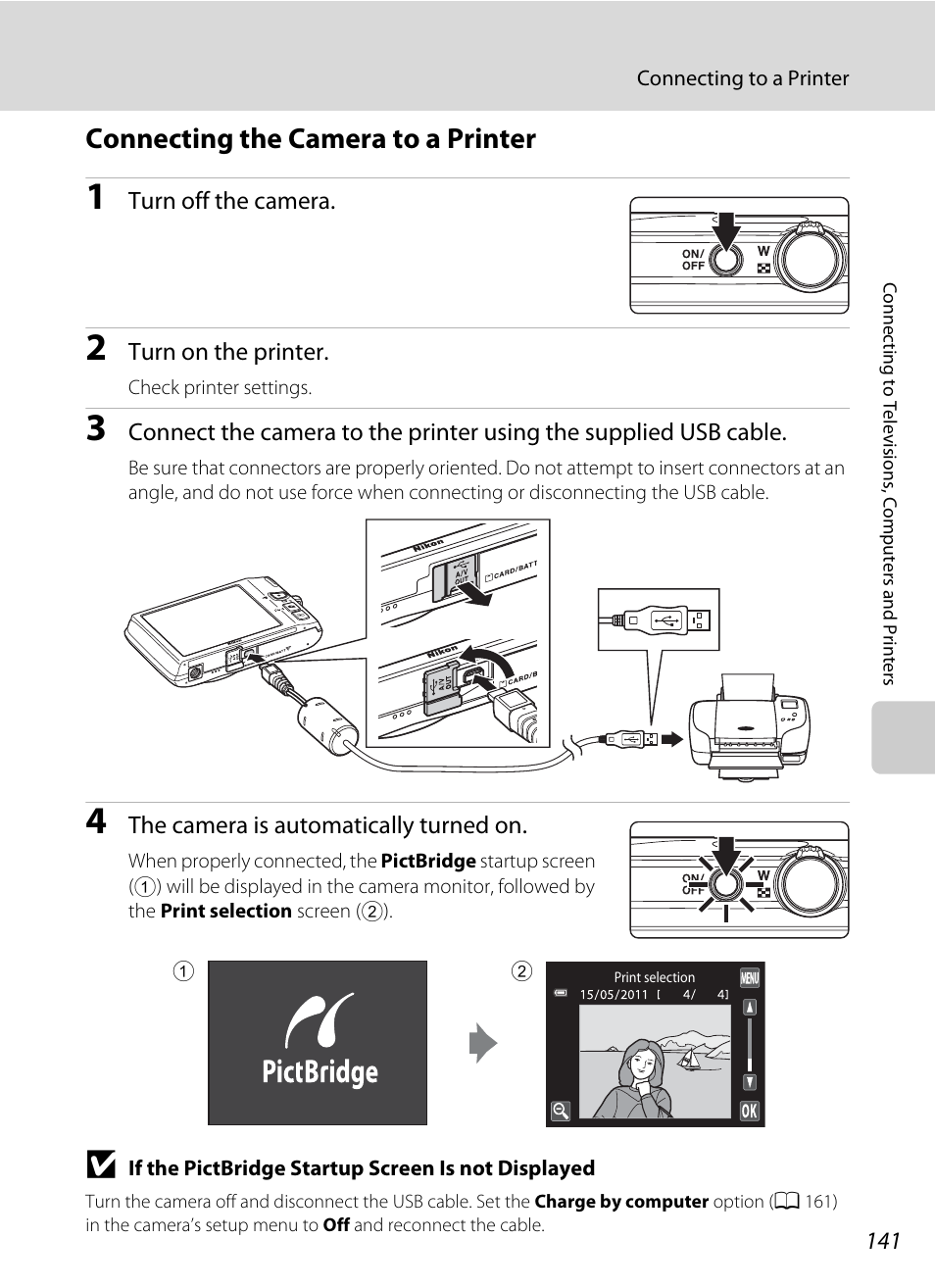 Connecting the camera to a printer, A 141) | Nikon S4100 User Manual | Page 153 / 208