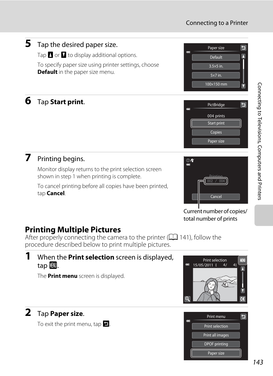 Printing multiple pictures, A 143), Tap the desired paper size | Tap start print, Printing begins, Tap paper size | Nikon S4100 User Manual | Page 155 / 208