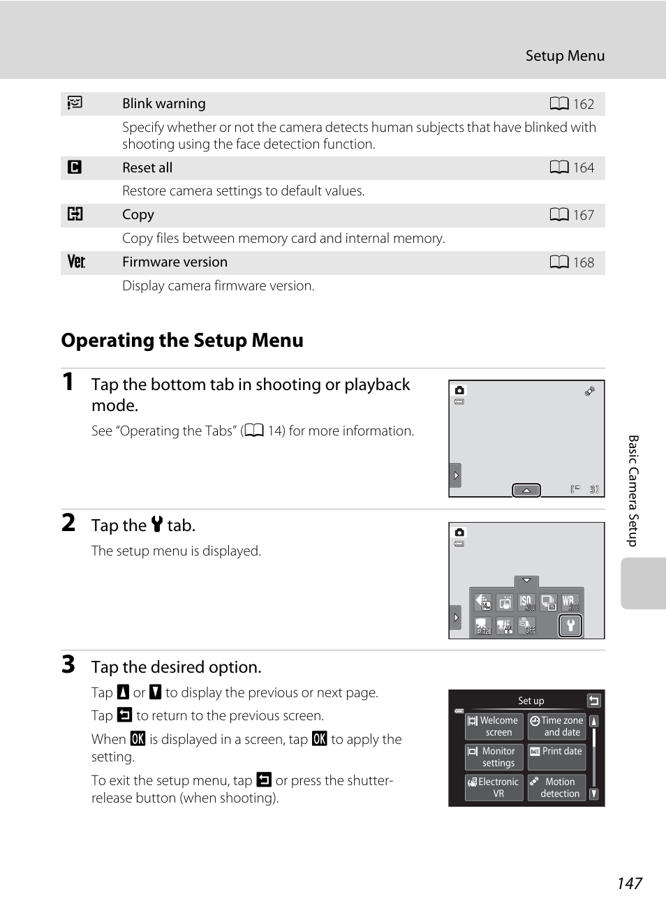 Operating the setup menu, Tap the bottom tab in shooting or playback mode, Tap the z tab | Tap the desired option | Nikon S4100 User Manual | Page 159 / 208