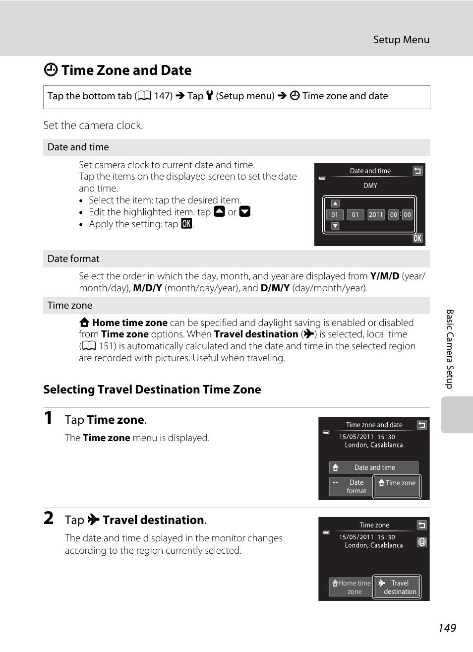 Time zone and date, D time zone and date, A 149 | A 149), Dtime zone and date, Selecting travel destination time zone, Tap time zone, Tap x travel destination | Nikon S4100 User Manual | Page 161 / 208