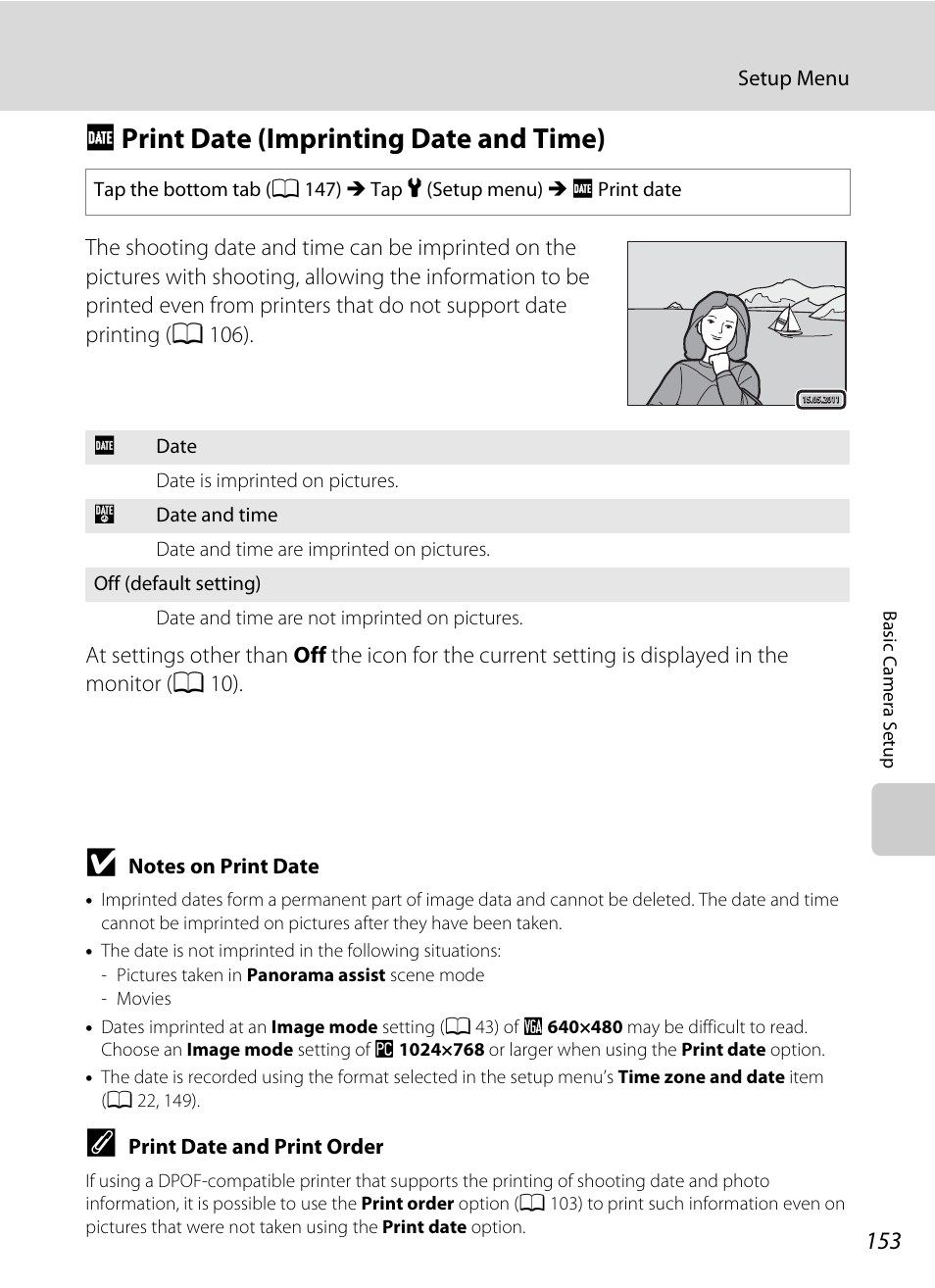 Print date (imprinting date and time), F print date (imprinting date and time), A 153) in | Tion (a 153) i, A 153, Fprint date (imprinting date and time) | Nikon S4100 User Manual | Page 165 / 208