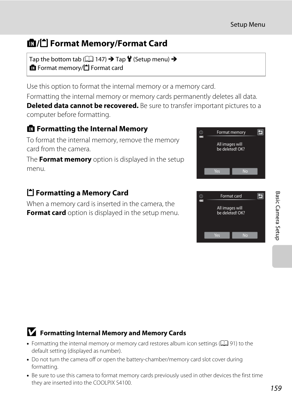 Format memory/format card, L/m format memory/format card, A 159 | Nikon S4100 User Manual | Page 171 / 208