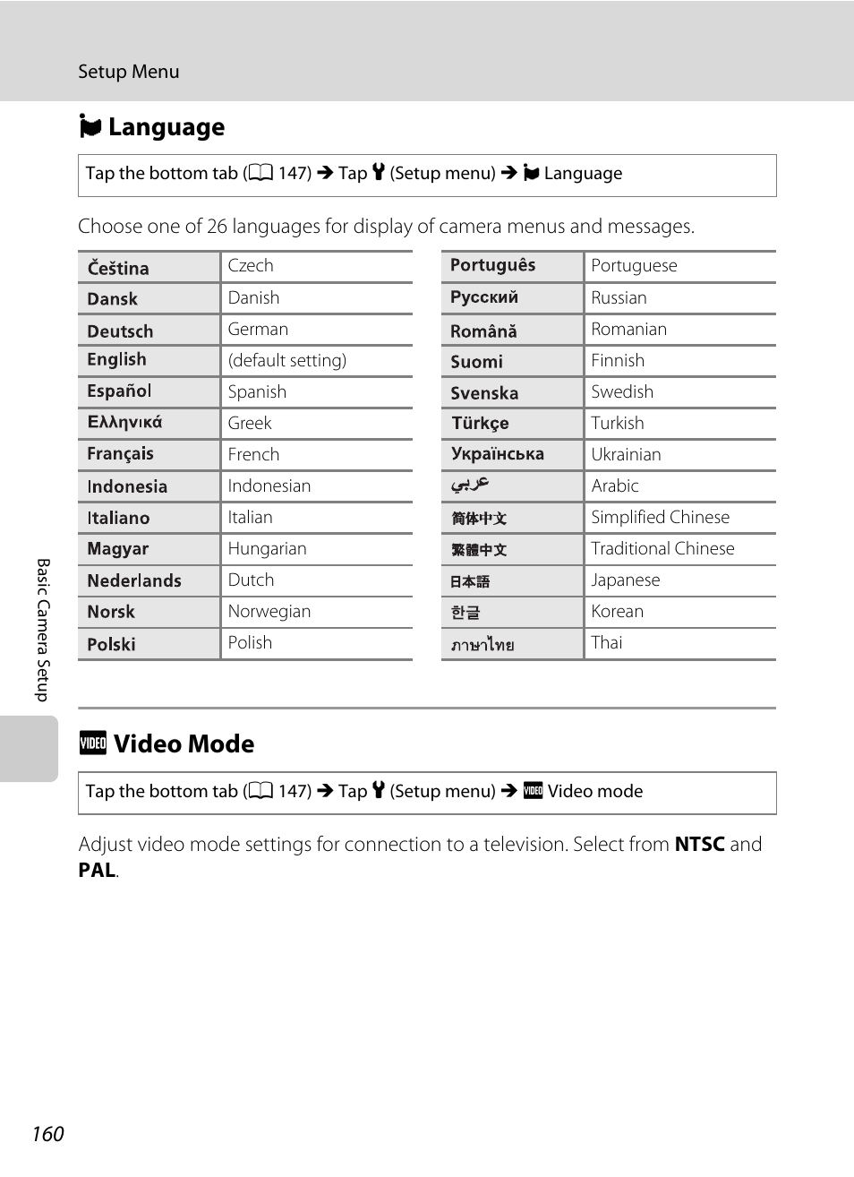 Language, Video mode, N language o video mode | A 160, Nlanguage, Ovideo mode | Nikon S4100 User Manual | Page 172 / 208