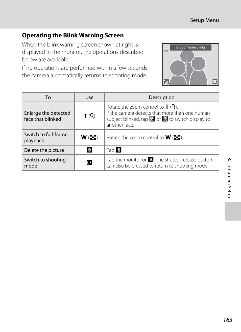 See “operating the blink warning screen, A 163) for, Operating the blink warning screen | Nikon S4100 User Manual | Page 175 / 208