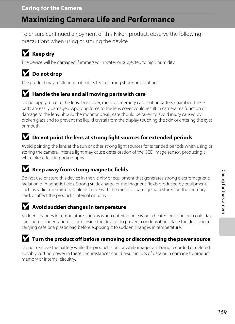 Caring for the camera, Maximizing camera life and performance | Nikon S4100 User Manual | Page 181 / 208