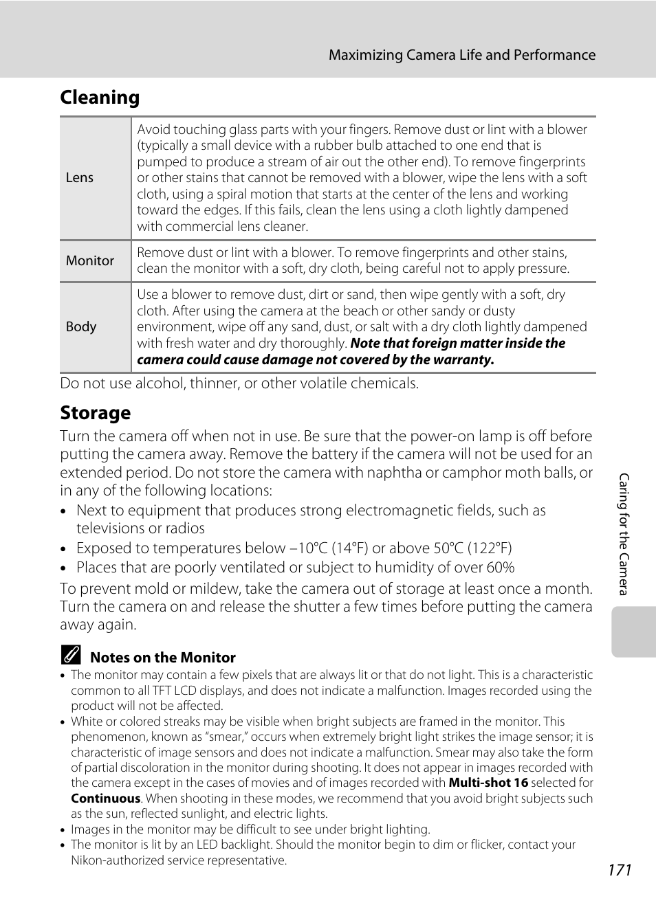 Cleaning, Storage, Cleaning storage | A 171) v, Smear (a 171) visib | Nikon S4100 User Manual | Page 183 / 208