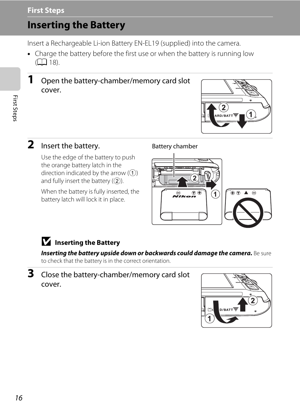 First steps, Inserting the battery | Nikon S4100 User Manual | Page 28 / 208