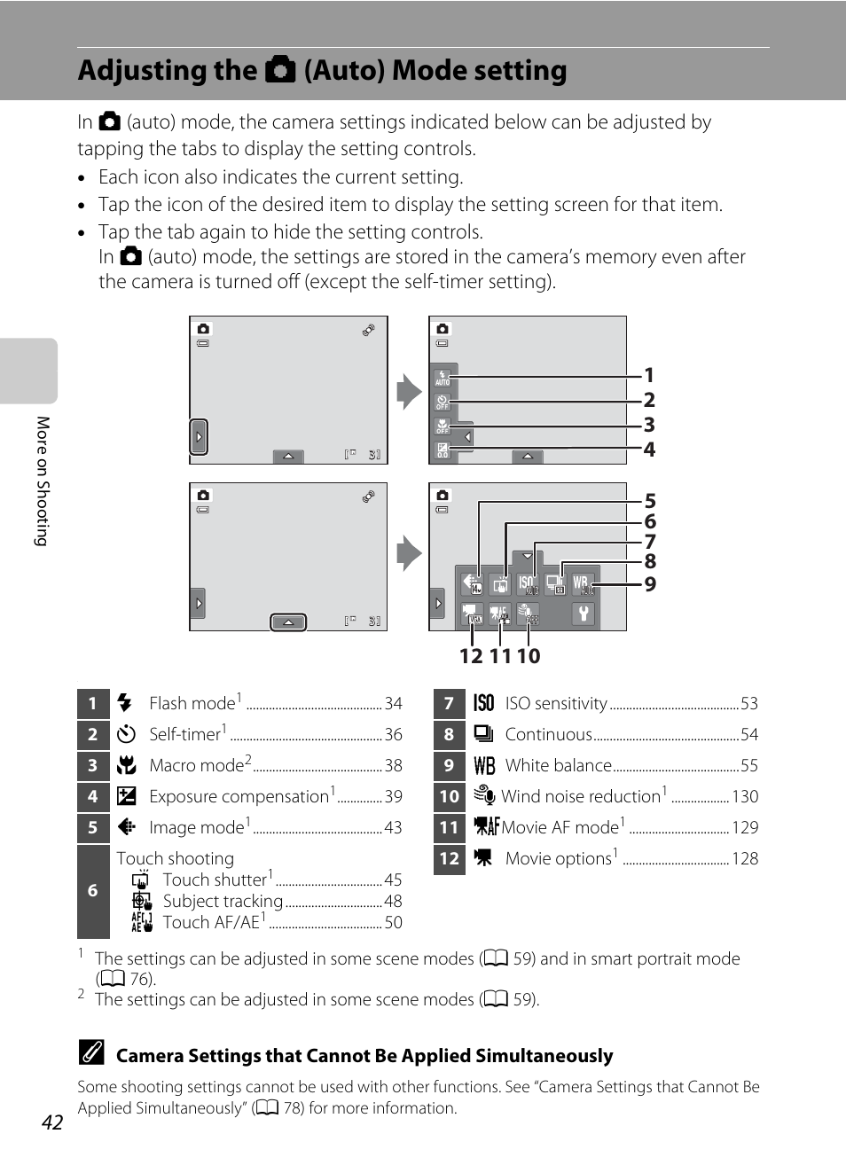 Adjusting the auto mode setting, Adjusting the a (auto) mode setting | Nikon S4100 User Manual | Page 54 / 208