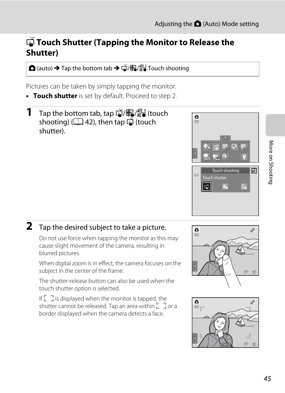 A 45), A 45) wi, A 45, 50) | Tap the desired subject to take a picture | Nikon S4100 User Manual | Page 57 / 208