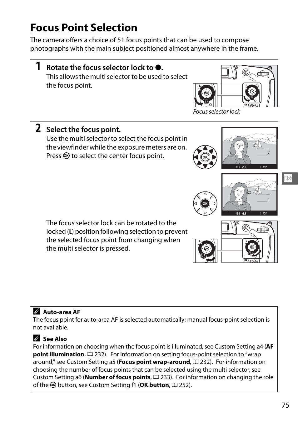 Focus point selection, Cus (0 75 | Nikon D7100 User Manual | Page 103 / 384