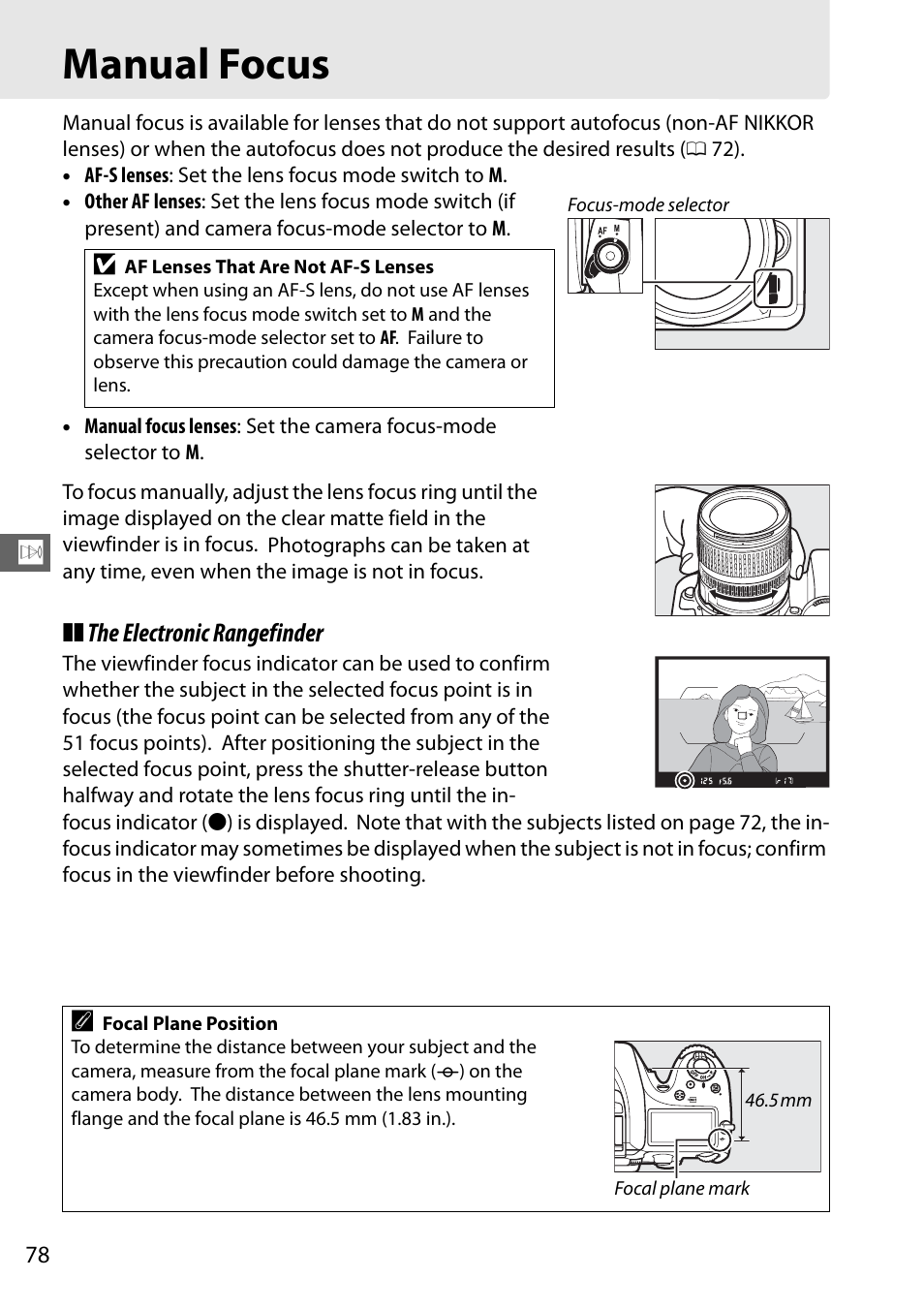 Manual focus, S manually (0 78) o | Nikon D7100 User Manual | Page 106 / 384