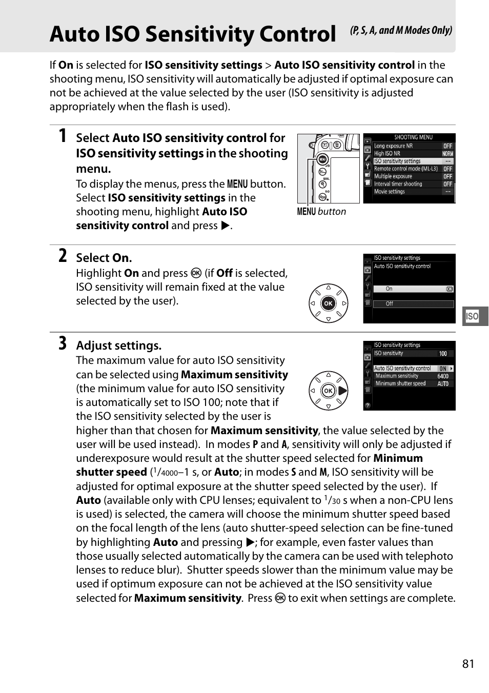 Auto iso sensitivity control | Nikon D7100 User Manual | Page 109 / 384