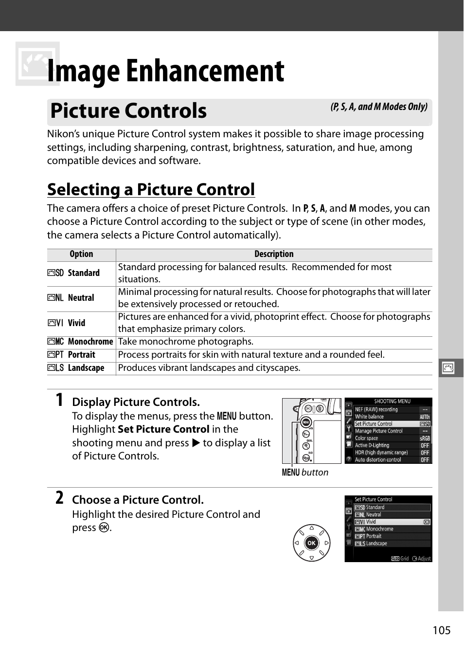 Image enhancement, Picture controls, Selecting a picture control | Nikon D7100 User Manual | Page 133 / 384