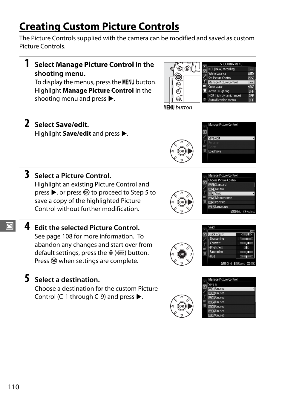 Creating custom picture controls | Nikon D7100 User Manual | Page 138 / 384