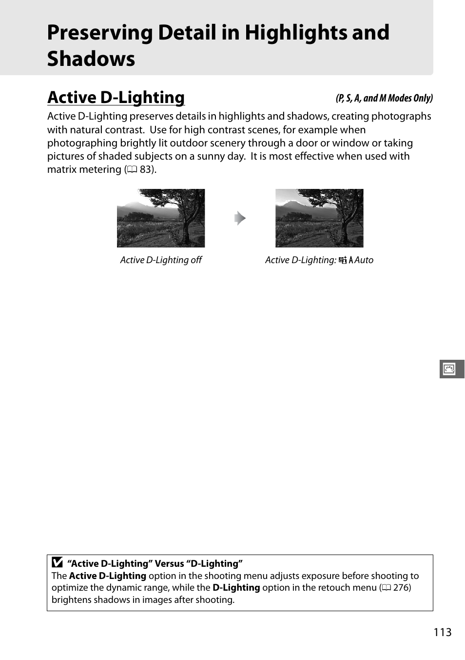 Preserving detail in highlights and shadows, Active d-lighting | Nikon D7100 User Manual | Page 141 / 384