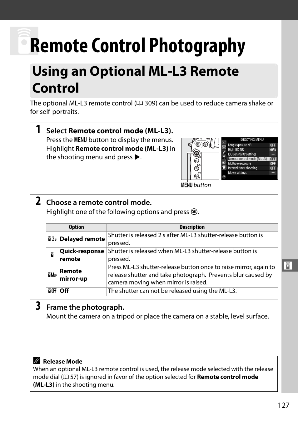 Remote control photography, Using an optional ml-l3 remote control | Nikon D7100 User Manual | Page 155 / 384