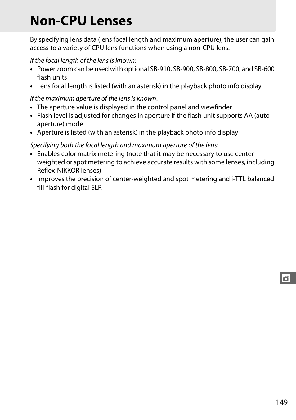 Non-cpu lenses, 0 149) when | Nikon D7100 User Manual | Page 177 / 384