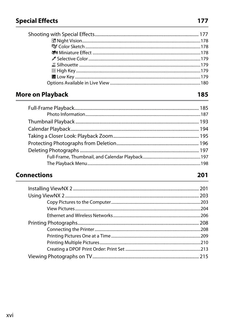 Special effects 177, More on playback 185, Connections 201 | Nikon D7100 User Manual | Page 18 / 384