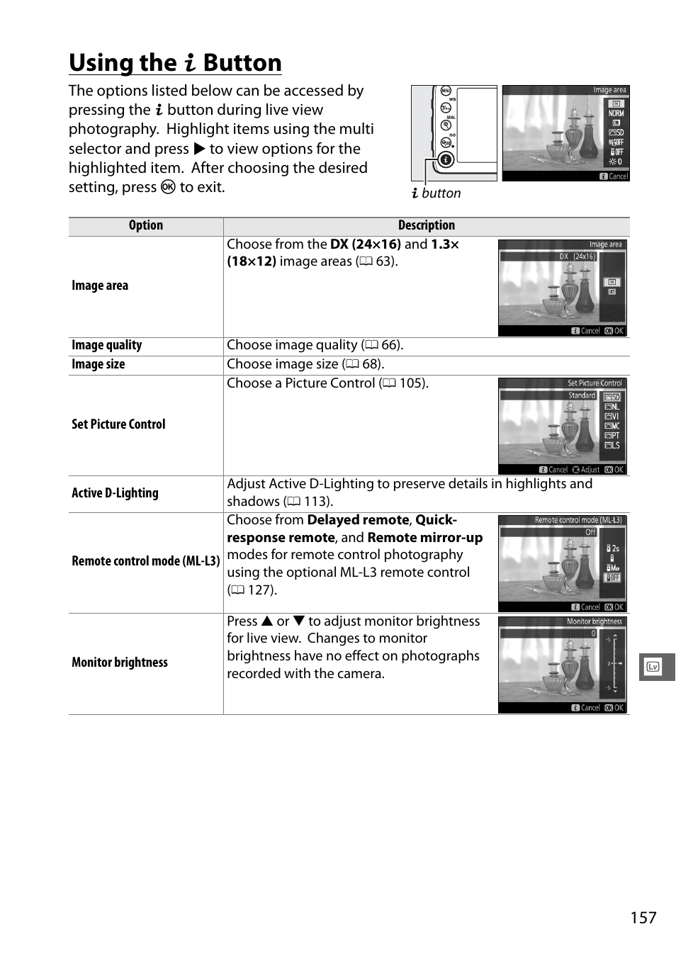 Using the i button, Using the p button | Nikon D7100 User Manual | Page 185 / 384