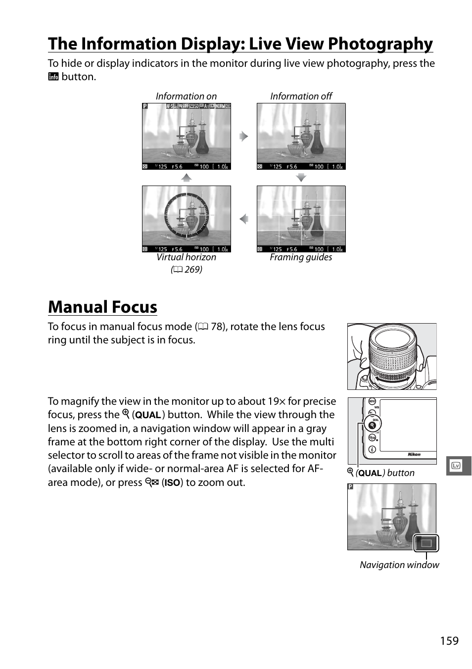 The information display: live view photography, Manual focus | Nikon D7100 User Manual | Page 187 / 384