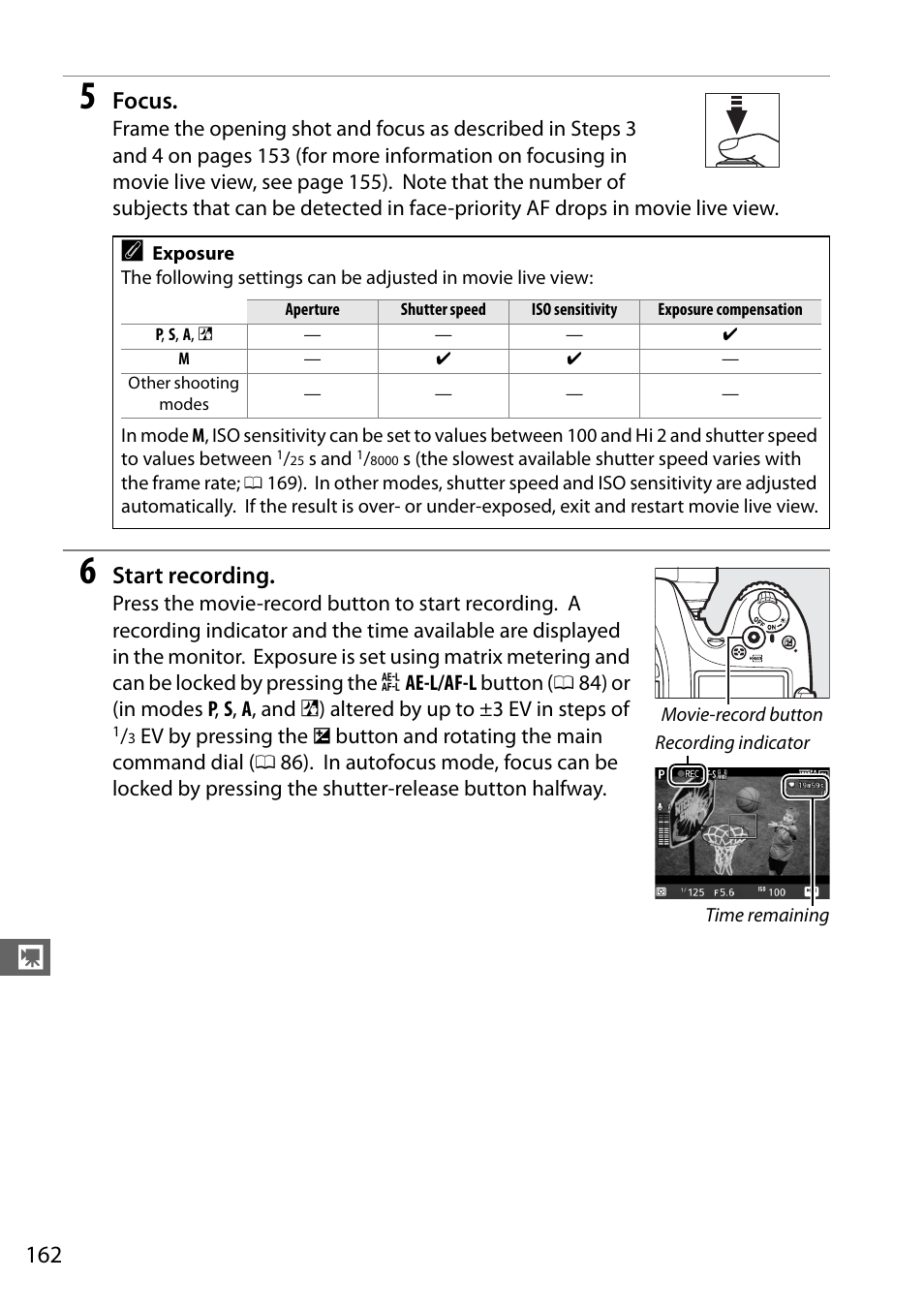 Focus, Start recording | Nikon D7100 User Manual | Page 190 / 384