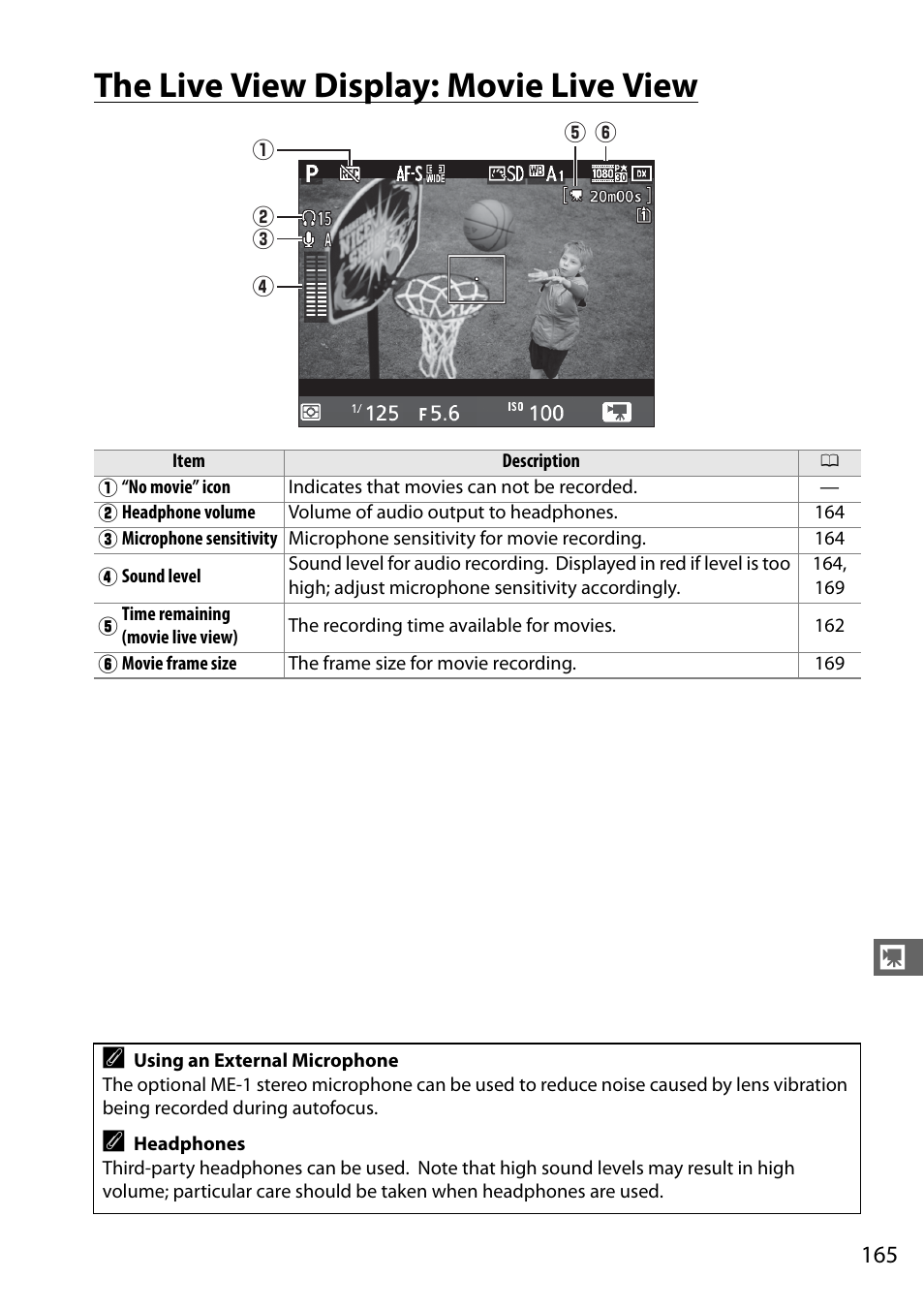 The live view display: movie live view, 0 165) indicates th, Me (0 165) | Nikon D7100 User Manual | Page 193 / 384