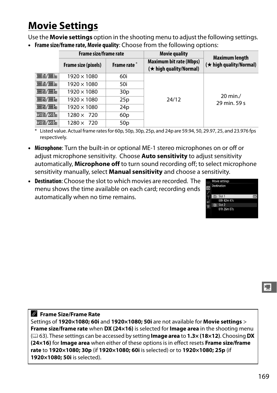 Movie settings, Te; 0 169), E 169); note tha | Ty (0 169), Menu (0 169) | Nikon D7100 User Manual | Page 197 / 384