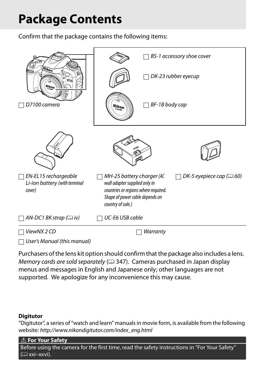 Package contents | Nikon D7100 User Manual | Page 2 / 384