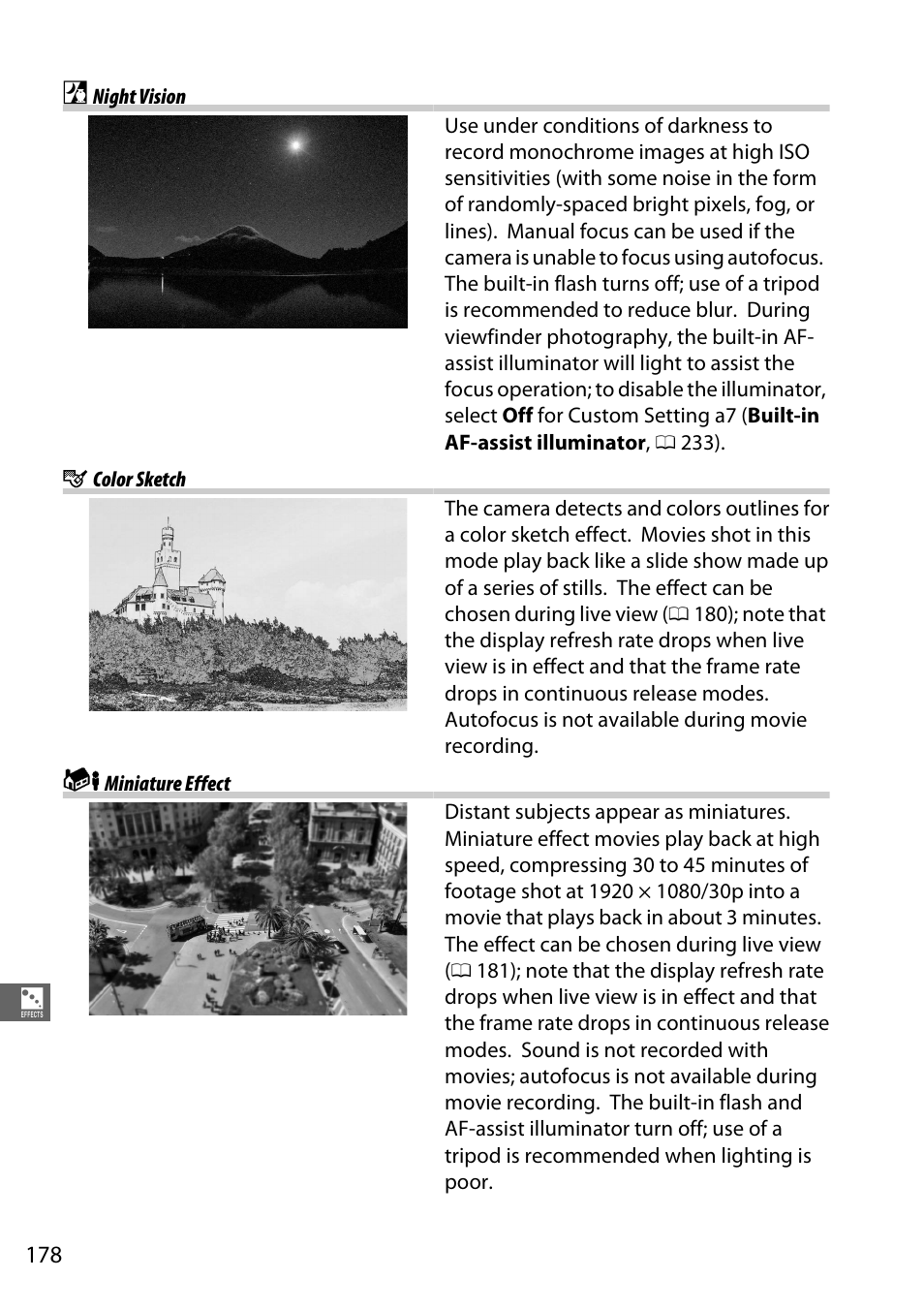 Night vision, Color sketch, Miniature effect | Night vision g color sketch i miniature effect | Nikon D7100 User Manual | Page 206 / 384