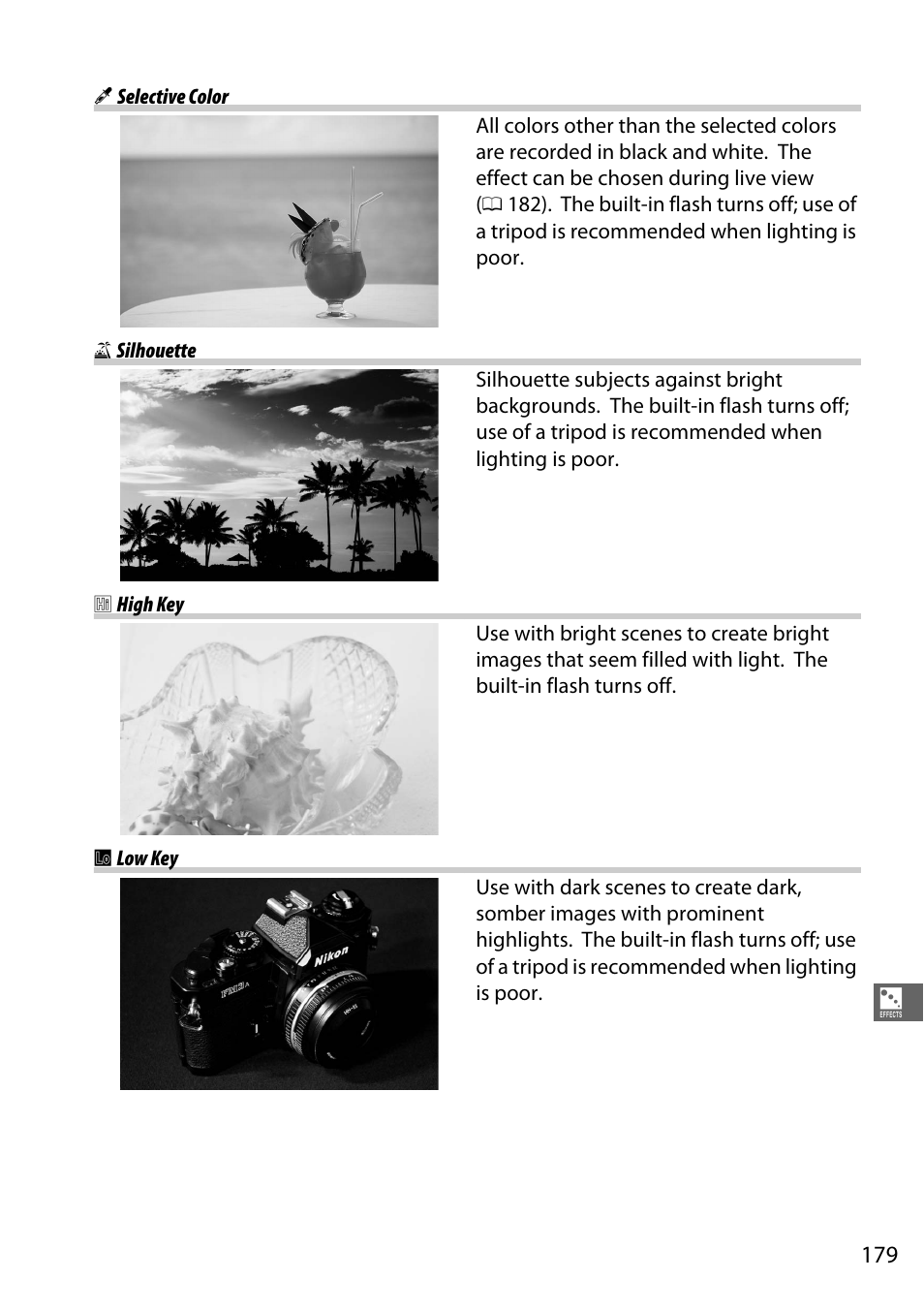 Selective color, Silhouette, High key | Low key | Nikon D7100 User Manual | Page 207 / 384