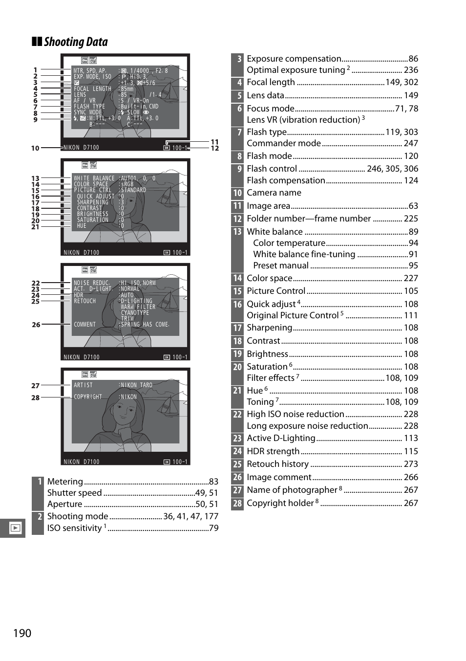 Shooting data, Metering shutter speed , 51 aperture , 51, Exposure compensation optimal exposure tuning | Focal length , 3 02, Lens data, Focus mode , 7 8 lens vr (vibration reduction), Flash type , 3 03 commander mode, Flash mode, Camera name, Image area | Nikon D7100 User Manual | Page 218 / 384