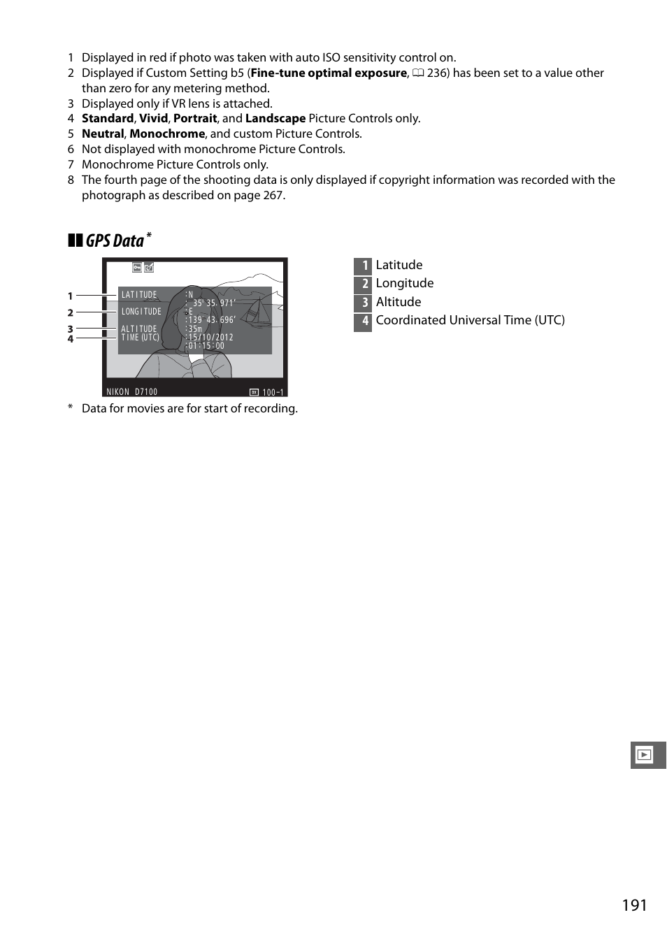 Gps data, Latitude, Longitude | Altitude, Coordinated universal time (utc), Data for movies are for start of recording | Nikon D7100 User Manual | Page 219 / 384